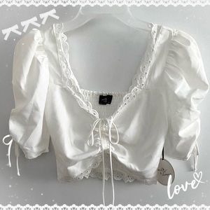 Milk & Honey eyelet puff sleeve crop top w/ drawstring, white